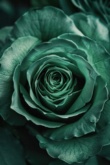 A detailed view of a green rose surrounded by its leaves