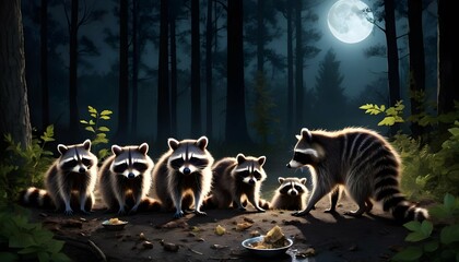 A family of raccoons scavenging for food in a moon upscaled 4