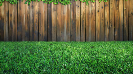 A wooden fence covered in lush green grass in a backyard setting