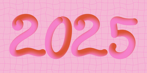 2025 Happy New Year 3d neon liquid logo text design. Set of 2025 numbers. Colorful  retro y2k greeting card, sticker, banner, print. Holiday holographic poster. Vibrant vector illustration.
