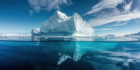 A huge iceberg drifts in the ocean, showcasing its immense size above and below the waters surface