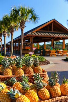 Vibrant tropical pineapples in baskets by beachside fruit stand under clear blue sky