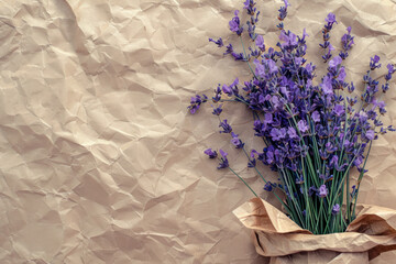 A bunch of purple lavender flowers arranged in a paper bag, creating a simple and charming display