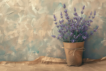 lavender flowers arranged in a vase, set against a brown paper background