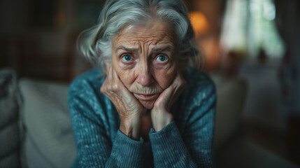 Older Woman Sitting on Couch With Hands on Face