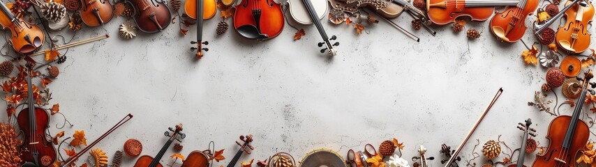 violin and bow border background arrangement, musical instrument frame border background