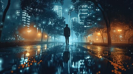 Converging Physical and Cyber Security, walking in park at night. Generative AI.