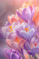 A variety of pink and purple crocus flowers arranged in a vase, creating a colorful and vibrant display