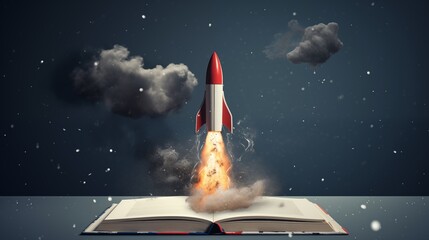 Conceptual Illustration of a Rocket Launching from an Open Book Against a Night Sky
