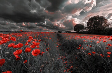 A field filled with vibrant red flowers contrasting against a cloudy sky