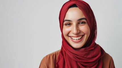 A positive Muslim woman smiling happily while wearing a traditional red headscarf