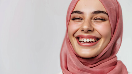 A positive Muslim woman smiling gleefully while wearing a traditional pink headscarf