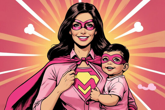 Smiling pink superhero mom holding child, comic book style. International Mother's day Illustration