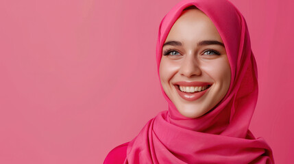 A positive Muslim woman smiling while wearing a pink hijab