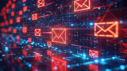 Binary code with red glowing email symbols