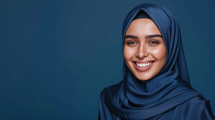 A Muslim woman with a positive expression smiles while wearing a blue hijab, showcasing traditional attire