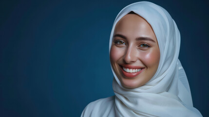 A Muslim woman smiles warmly while wearing a traditional headscarf, looking directly at the camera