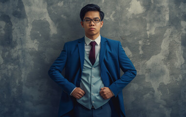 Confident businessman against grey background