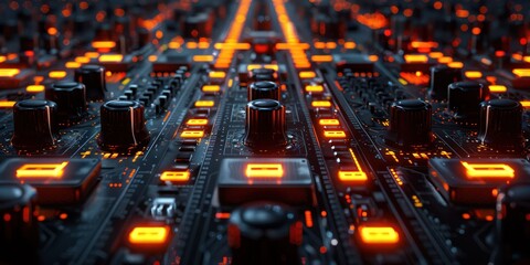 circuit board with orange glowing lights