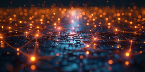 Obraz premium Circuit board with orange glowing nodes and connections.