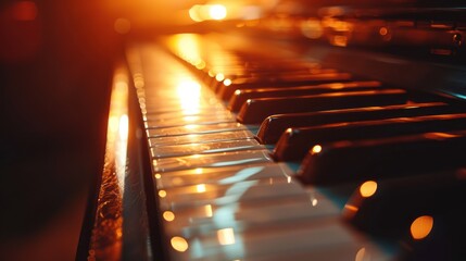 Close-up of piano keys with warm backlight.