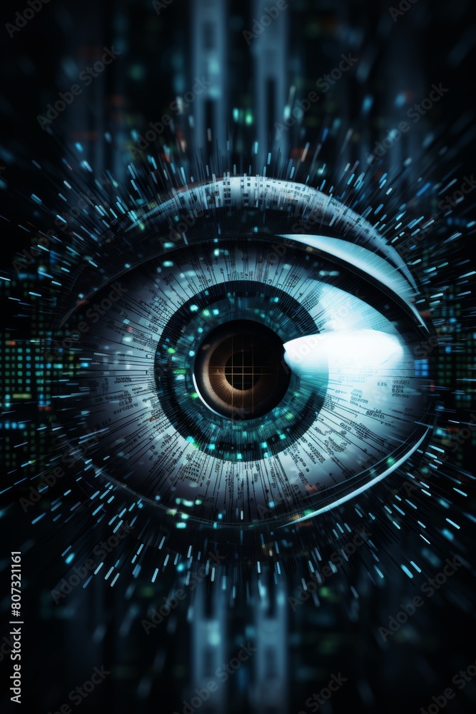 Poster cybernetic vision hacker or ai robot eye in dark technological environment on digital backdrop