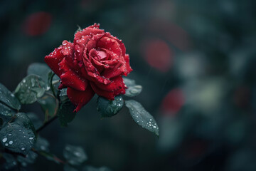 A close-up view of a red rose covered in glistening water droplets