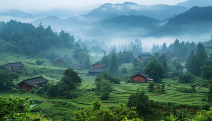 Misty traditional village with terraced fields