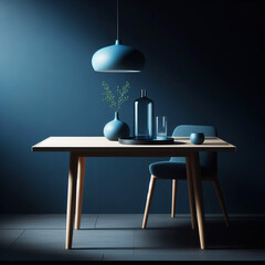Minimalist image detail of room with table with side light in dark environment