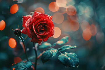 A red rose covered in glistening water droplets