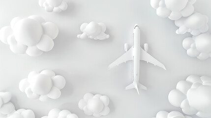 A toy airplane flying in the sky surrounded by fluffy white clouds