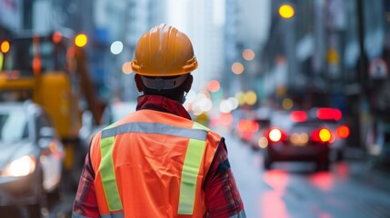 A construction worker in a hard hat and reflective vest is walking down the street carrying a toolbox.