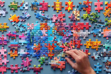 Colorful puzzles being arranged by a person