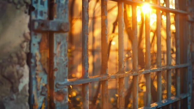 The western sunset casts deep shadows through the wrought iron bars of the abandoned prison its wooden doors long since decayed. 2d flat cartoon.