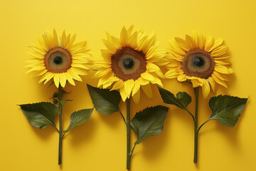 Three sunflowers are lined up neatly on a vibrant yellow background