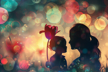 mother and child with flowers background