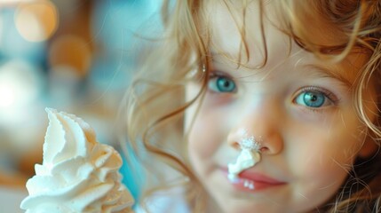 The little girls face is covered in frosting, with a smile on her mouth and a hint of frosting on her nose. Her eyes sparkle with joy as she looks ahead AIG50