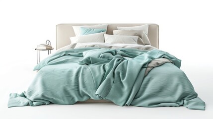 Minimalist bedroom with a large, inviting bed decked out in pale turquoise bedding, isolated on white with copy space for advertising