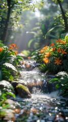 Obraz premium A beautiful, serene landscape with a crystal clear river flowing through a lush green forest with orange flowers.