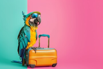 Fototapeta premium A colorful parrot ready for summer vacations wearing a straw hat and perched on a suitcase symbolizes fun, travel, and the enjoyment of a tropical getaway