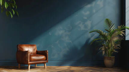 modern interior design with empty wall, armchair and plant. 3 d rendering.