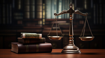 scales of justice in wooden table , law concept.