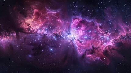 Fototapeta premium 360 equirectangular panorama of nebula in space, dark background, purple and pink colors, stars, gas clouds, hyper realistic, high resolution, high details,