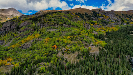 Aerial View of Trees, Clouds, and Mountain in Silverton, Colorado