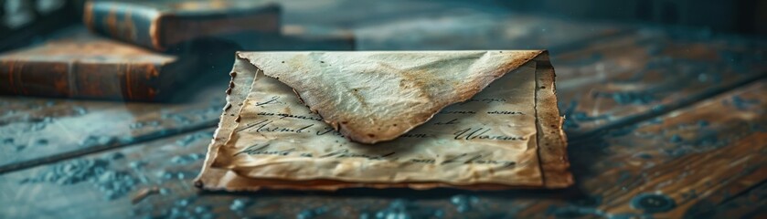 A close up of an old, weathered letter on a wooden table.