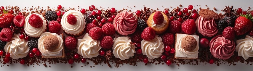 panorama of rows of dessert cakes