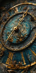 A closeup of an old, ornate clock with a turquoise patina and gold hands.