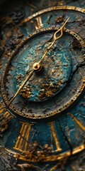 Obraz premium A closeup of an old, ornate clock with a turquoise patina and gold hands.