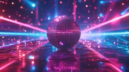 A disco ball in a dark room with bright lights reflecting off of it.
