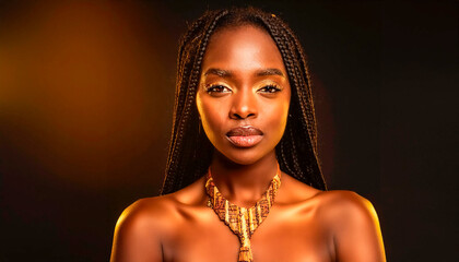 Retrato de primer plano de una mujer negra africana con trenzas en el cabello, labios gruesos y collar artesano con la piel dorada, Mayo 2024